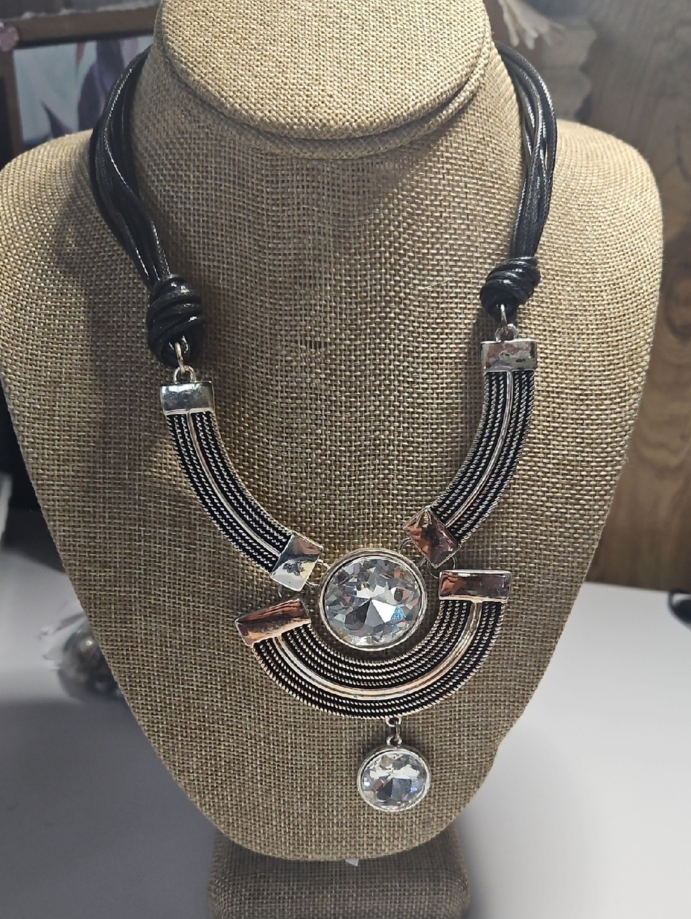 Source Unknown Black and Silver Crystal Pendant Necklace
